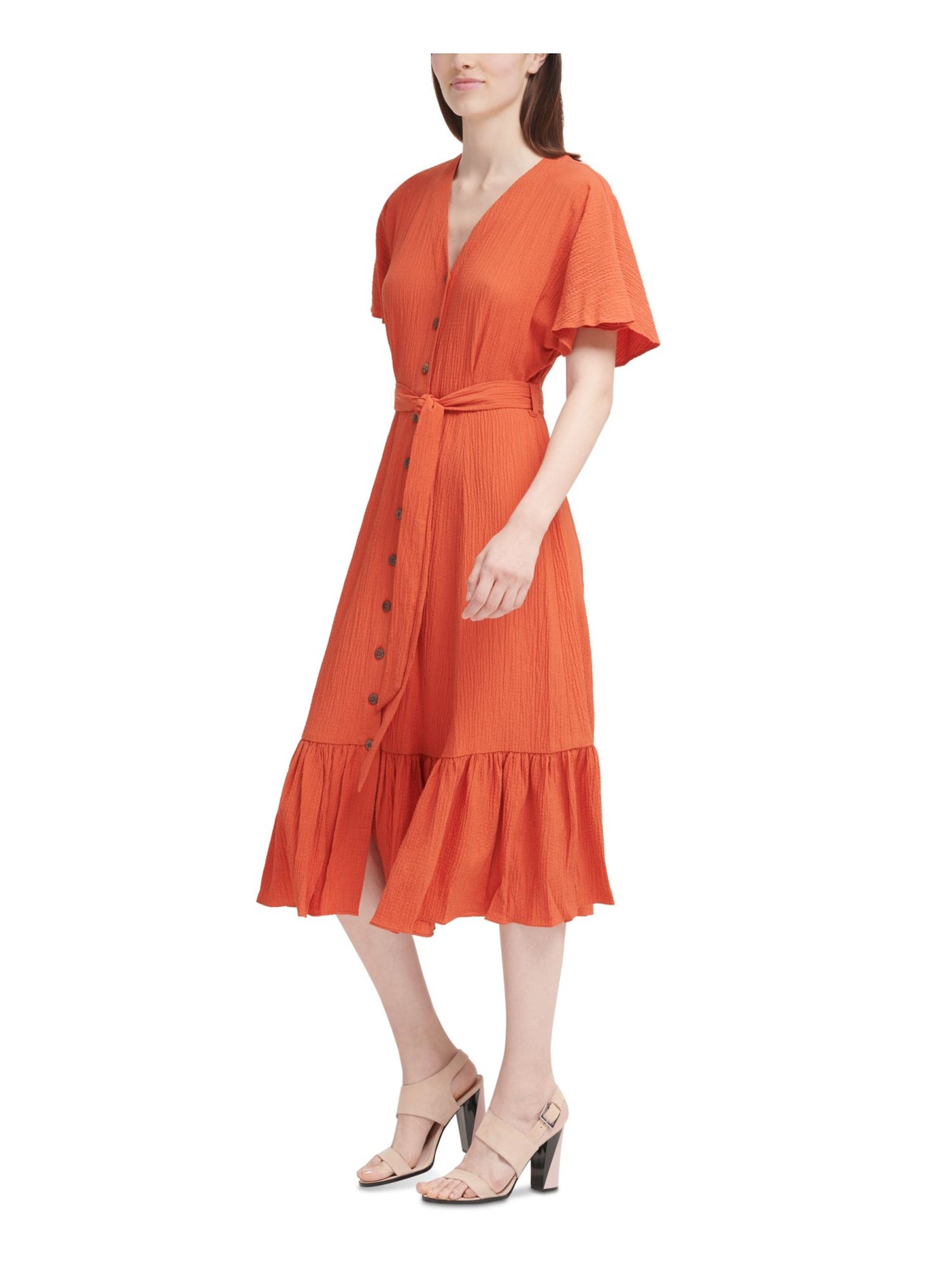 CALVIN KLEIN Womens Orange Flutter Sleeve V Neck Midi Wear To Work Shirt Dress 14