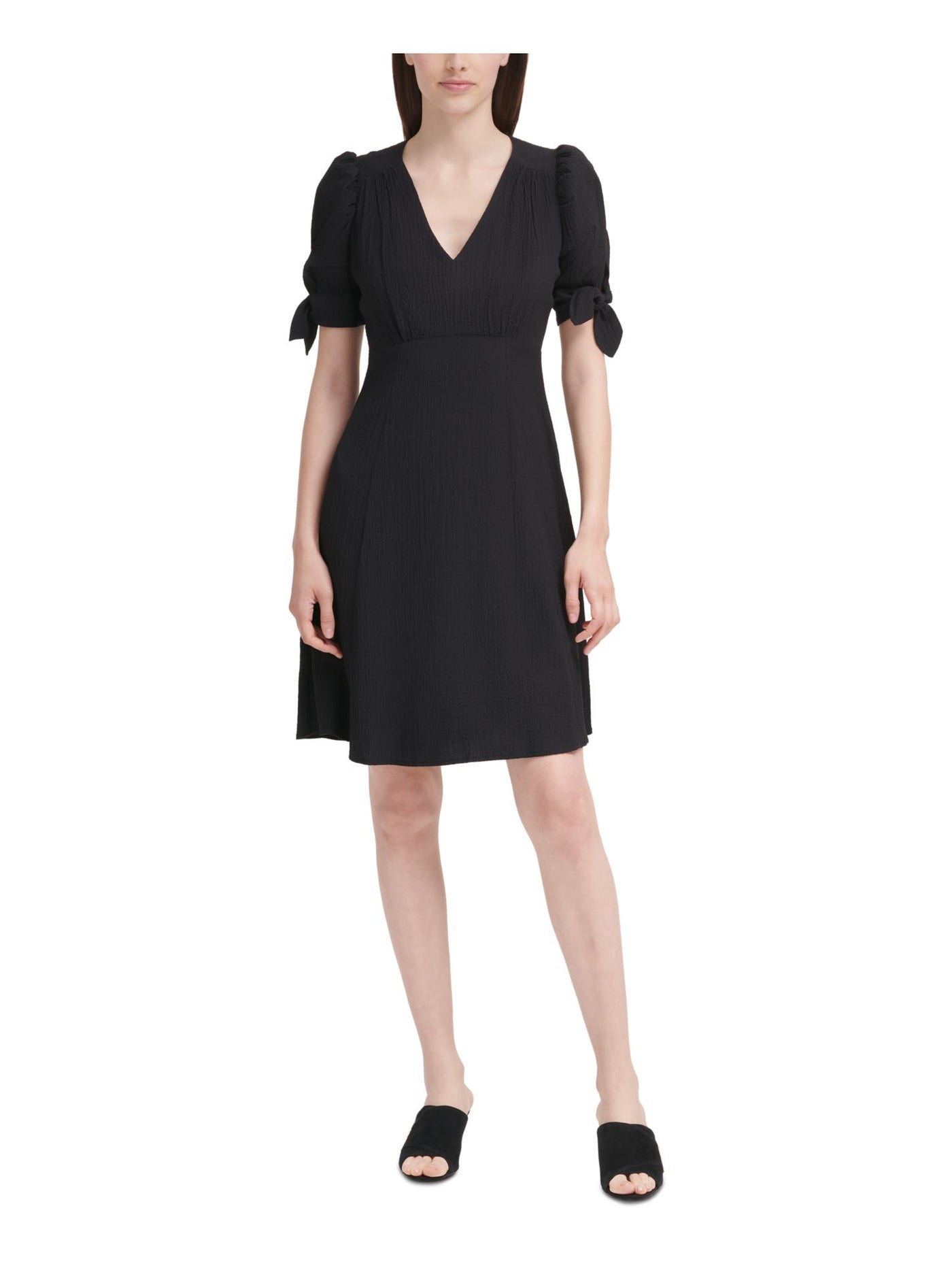 CALVIN KLEIN Womens Black Zippered Tie Sleeves Elbow Sleeve V Neck Above The Knee Wear To Work A-Line Dress 2