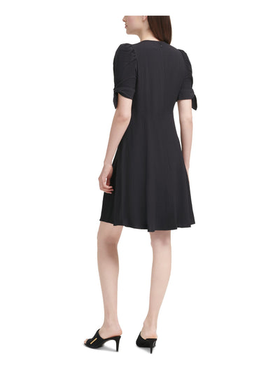 CALVIN KLEIN Womens Black Zippered Tie Sleeves Elbow Sleeve V Neck Above The Knee Wear To Work A-Line Dress 2