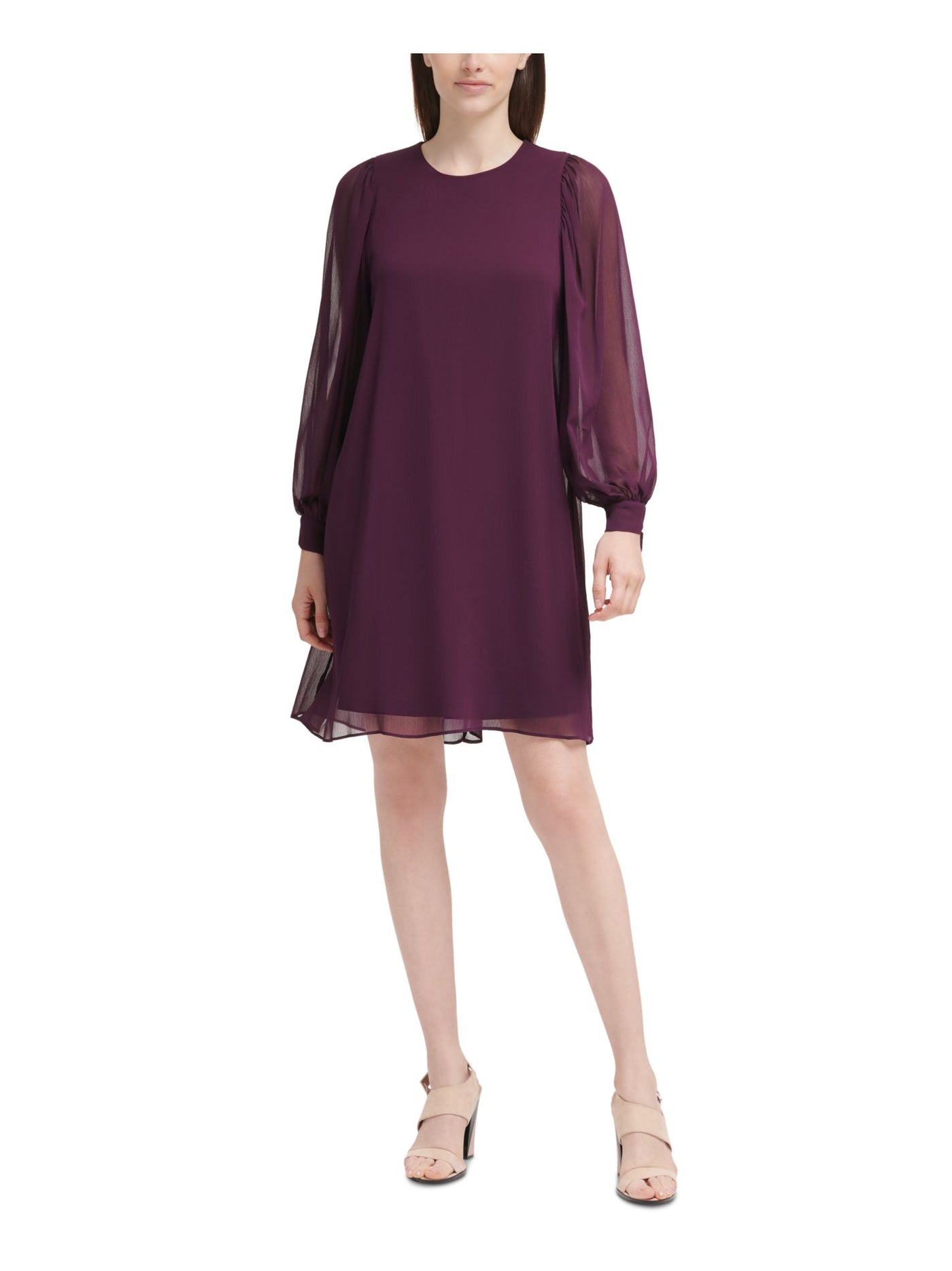 CALVIN KLEIN Womens Purple Textured Lined Keyhole Back Tie-cuffs Balloon Sleeve Round Neck Above The Knee Wear To Work Shift Dress Petites 0P