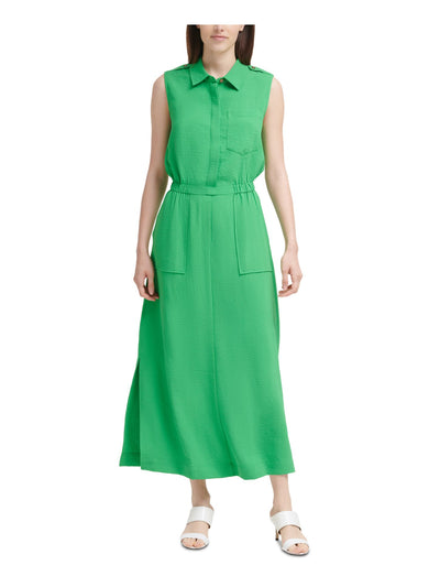 CALVIN KLEIN Womens Green Pocketed Slitted Elastic Waist Sleeveless Point Collar Maxi Wear To Work Sheath Dress 10
