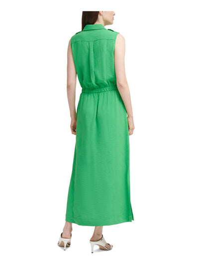 CALVIN KLEIN Womens Green Pocketed Slitted Elastic Waist Sleeveless Point Collar Maxi Wear To Work Sheath Dress 14