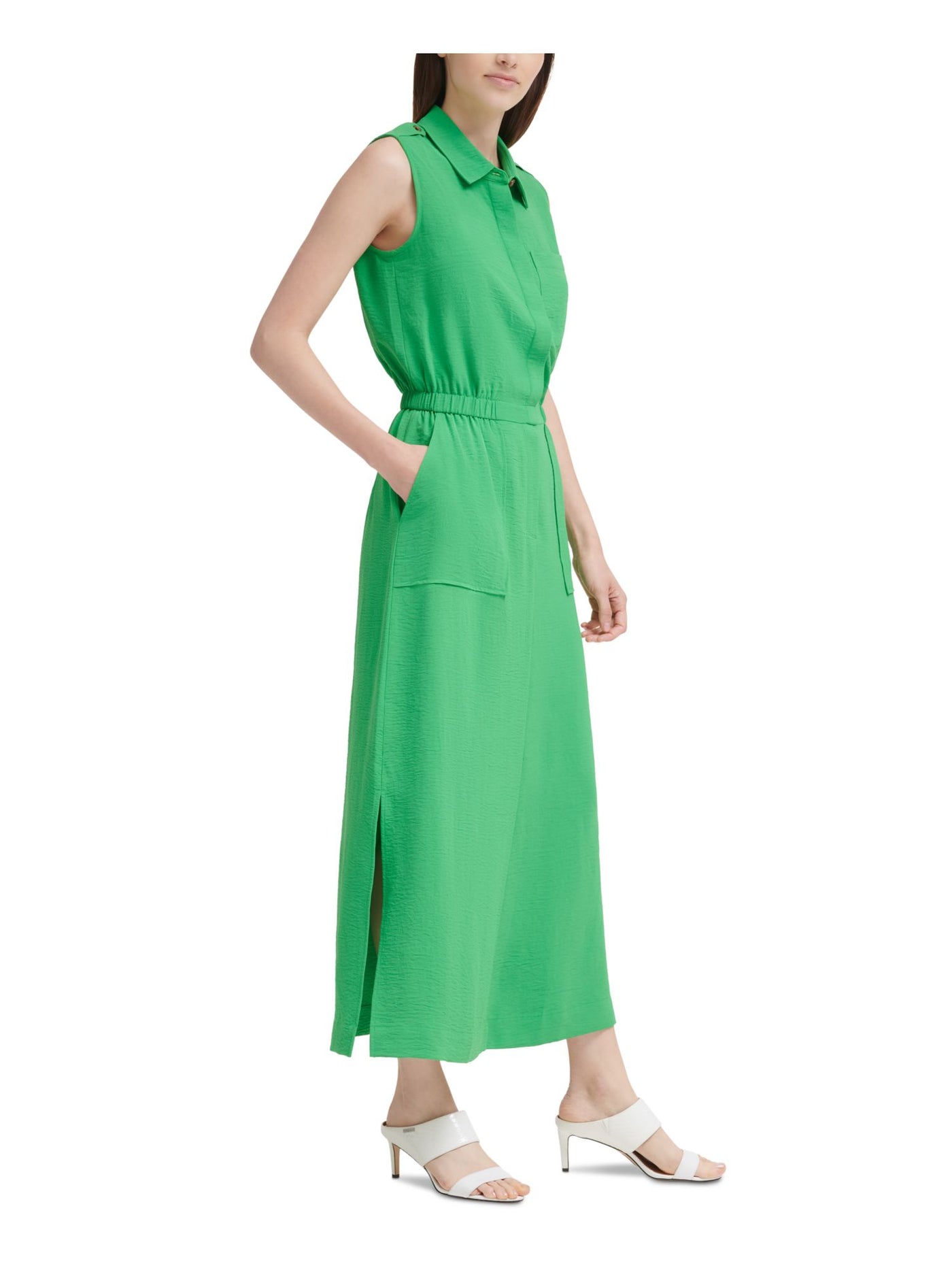 CALVIN KLEIN Womens Green Pocketed Slitted Elastic Waist Sleeveless Point Collar Maxi Wear To Work Sheath Dress 14