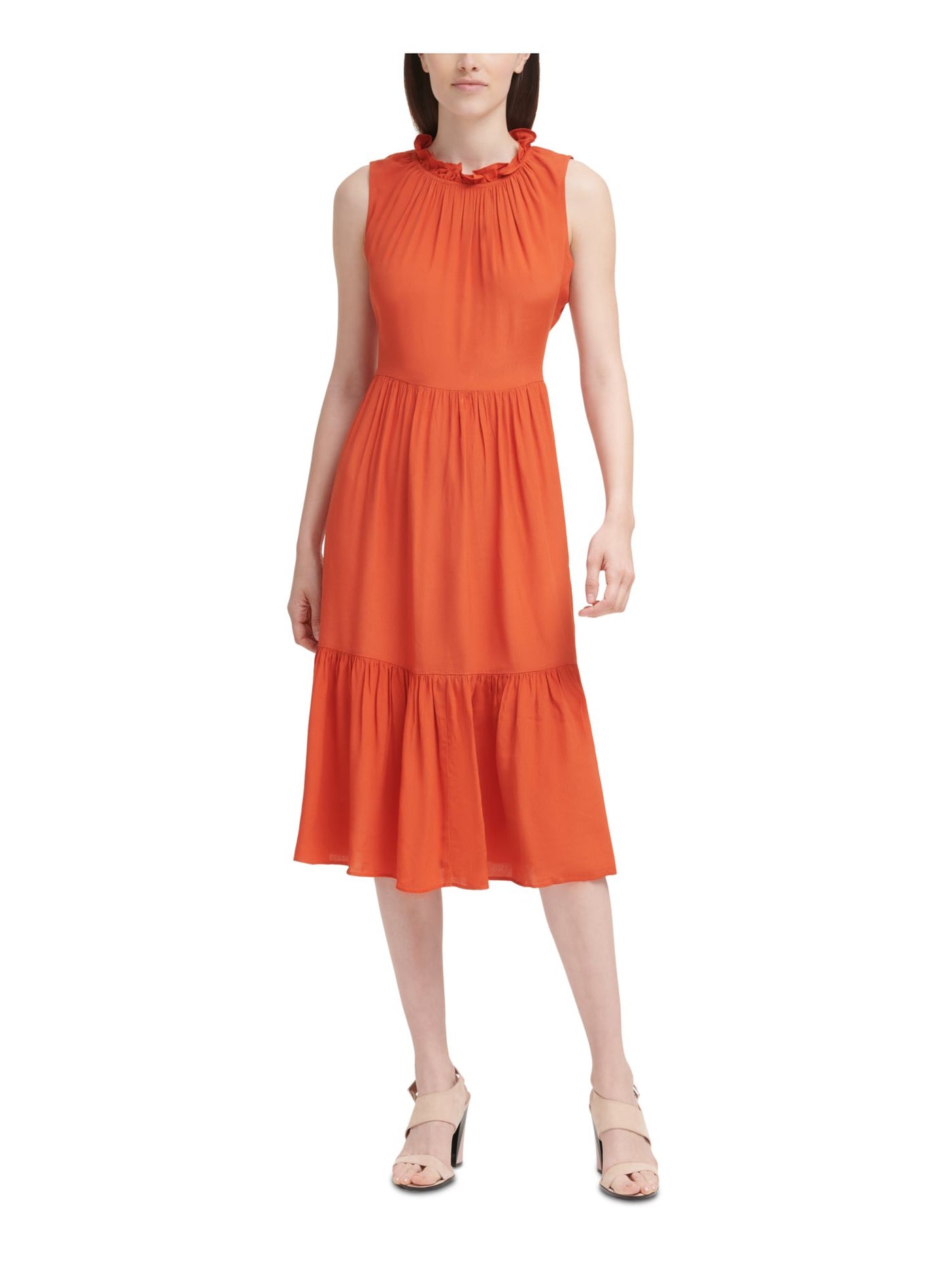 CALVIN KLEIN Womens Orange Stretch Pleated Tie Tiered Unlined Sleeveless Midi Wear To Work Sheath Dress 16