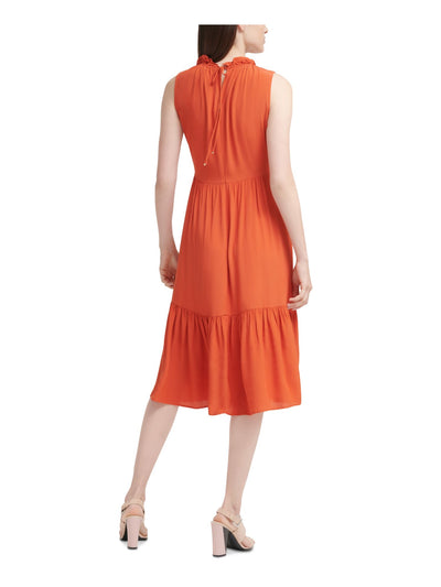 CALVIN KLEIN Womens Orange Stretch Pleated Tie Tiered Unlined Sleeveless Midi Wear To Work Sheath Dress 4