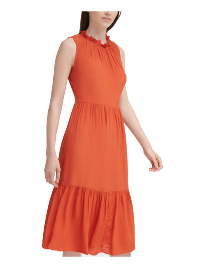 CALVIN KLEIN Womens Orange Stretch Pleated Tie Tiered Unlined Sleeveless Midi Wear To Work Sheath Dress 4