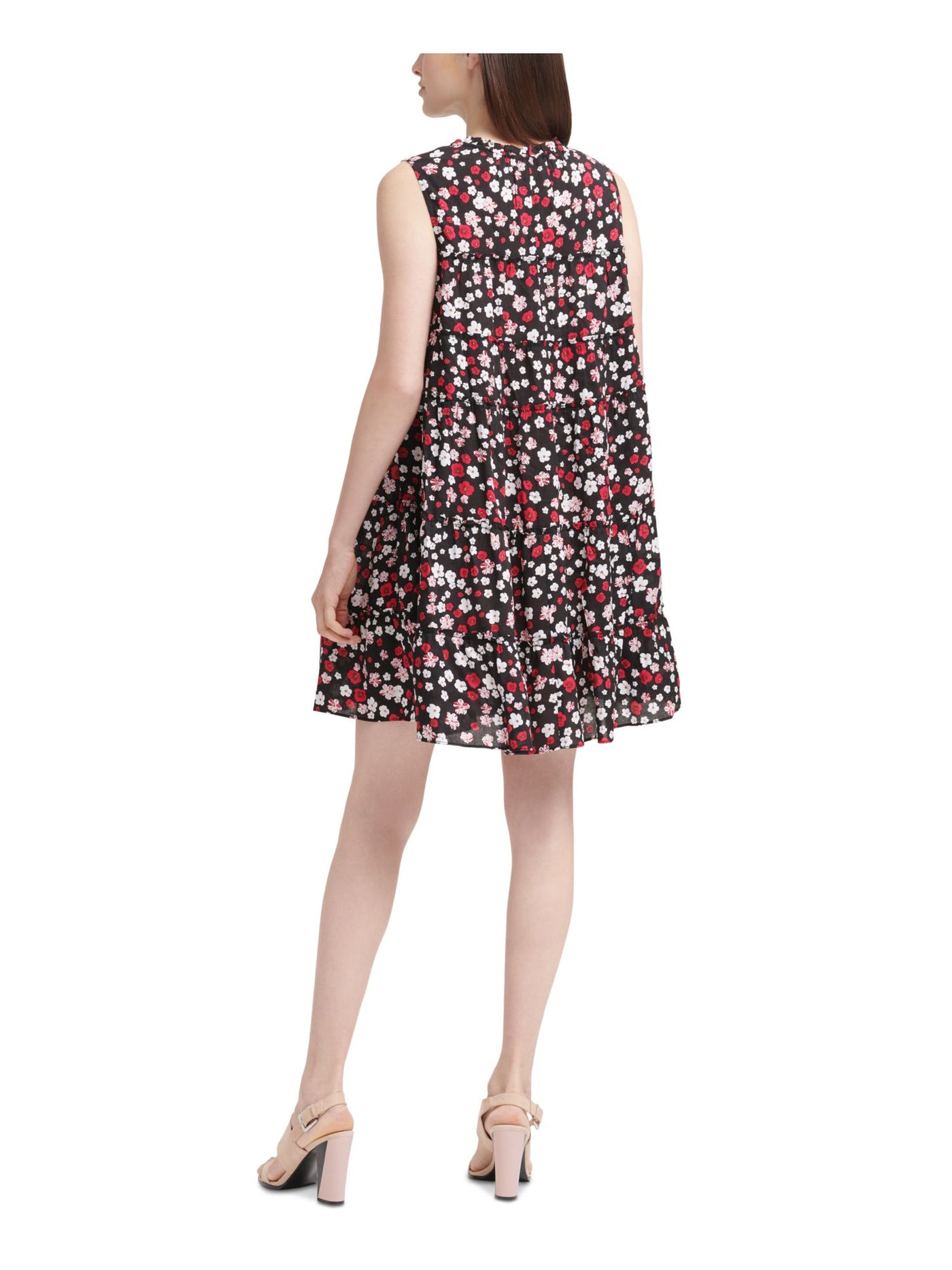 CALVIN KLEIN Womens Red Ruffled Tiered Floral Sleeveless Tie Neck Above The Knee Shift Dress 2