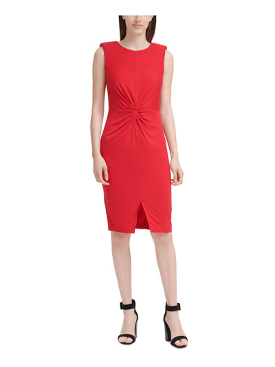 CALVIN KLEIN Womens Red Stretch Zippered Twist Front Sleeveless Round Neck Knee Length Wear To Work Sheath Dress 2