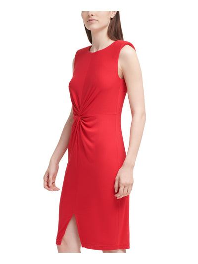 CALVIN KLEIN Womens Red Stretch Zippered Twist Front Sleeveless Round Neck Knee Length Wear To Work Sheath Dress 2