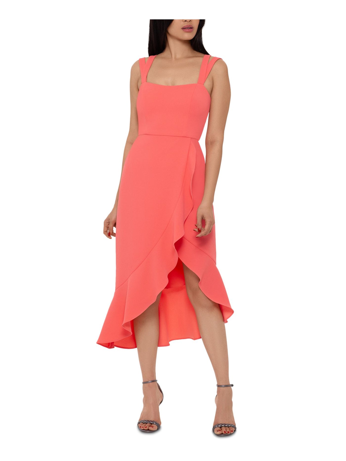 XSCAPE Womens Coral Stretch Ruffled Sleeveless Square Neck Short Party Hi-Lo Dress 6