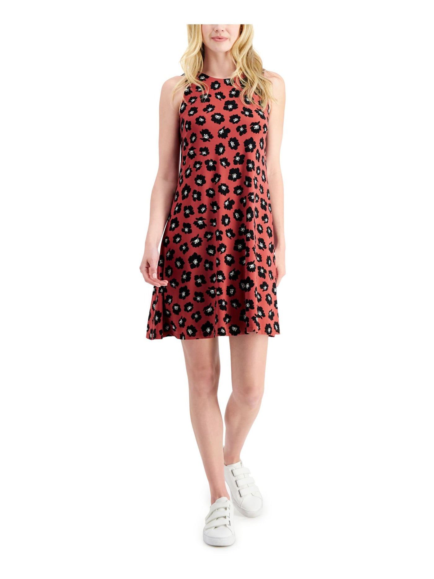 ANNE KLEIN Womens Red Stretch Printed Sleeveless Jewel Neck Above The Knee Fit + Flare Dress XS