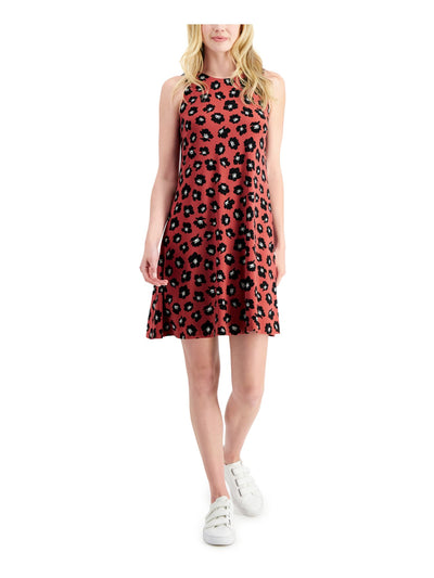 ANNE KLEIN Womens Red Stretch Printed Sleeveless Jewel Neck Above The Knee Fit + Flare Dress L