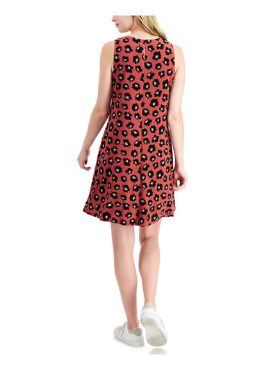 ANNE KLEIN Womens Red Stretch Printed Sleeveless Jewel Neck Above The Knee Fit + Flare Dress L