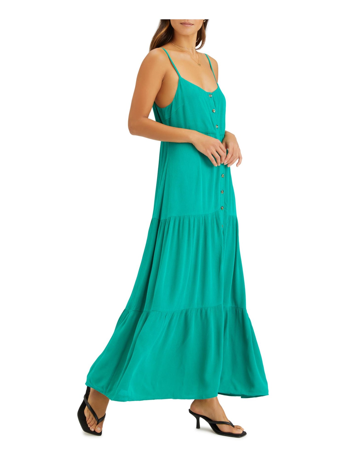 SANCTUARY Womens Teal Pleated Tiered Adjustable Straps Button Spaghetti Strap Scoop Neck Maxi Shift Dress S