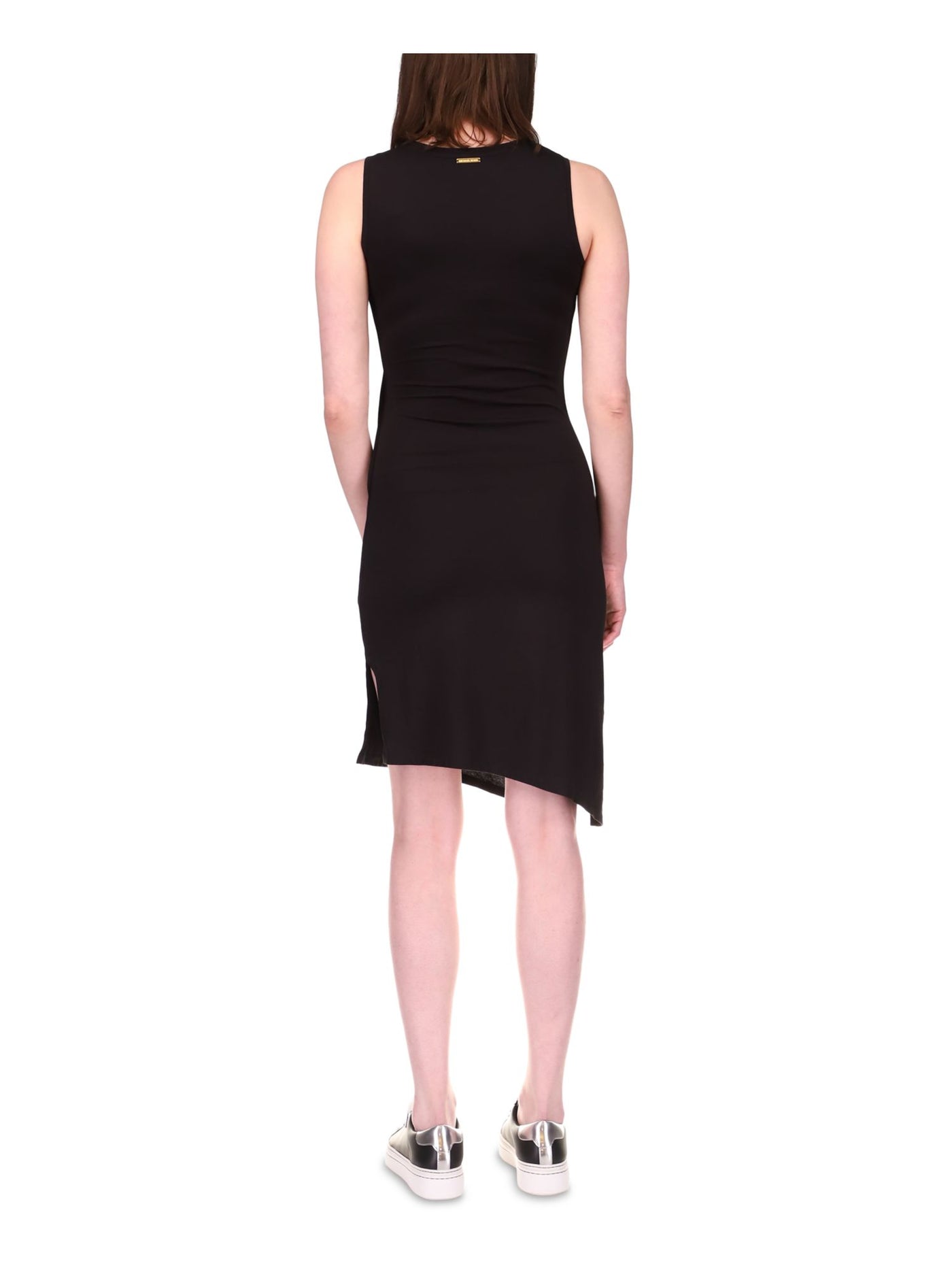 MICHAEL MICHAEL KORS Womens Black Slitted Asymmetric Hem Sleeveless Crew Neck Knee Length Sheath Dress P\M