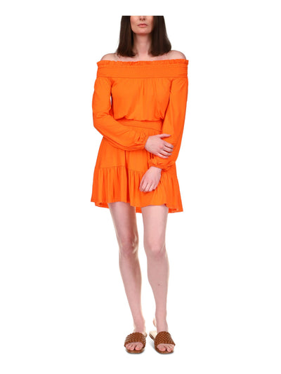 MICHAEL MICHAEL KORS Womens Orange Ruffled Smocked Unlined Tiered Long Sleeve Off Shoulder Short Fit + Flare Dress XXL