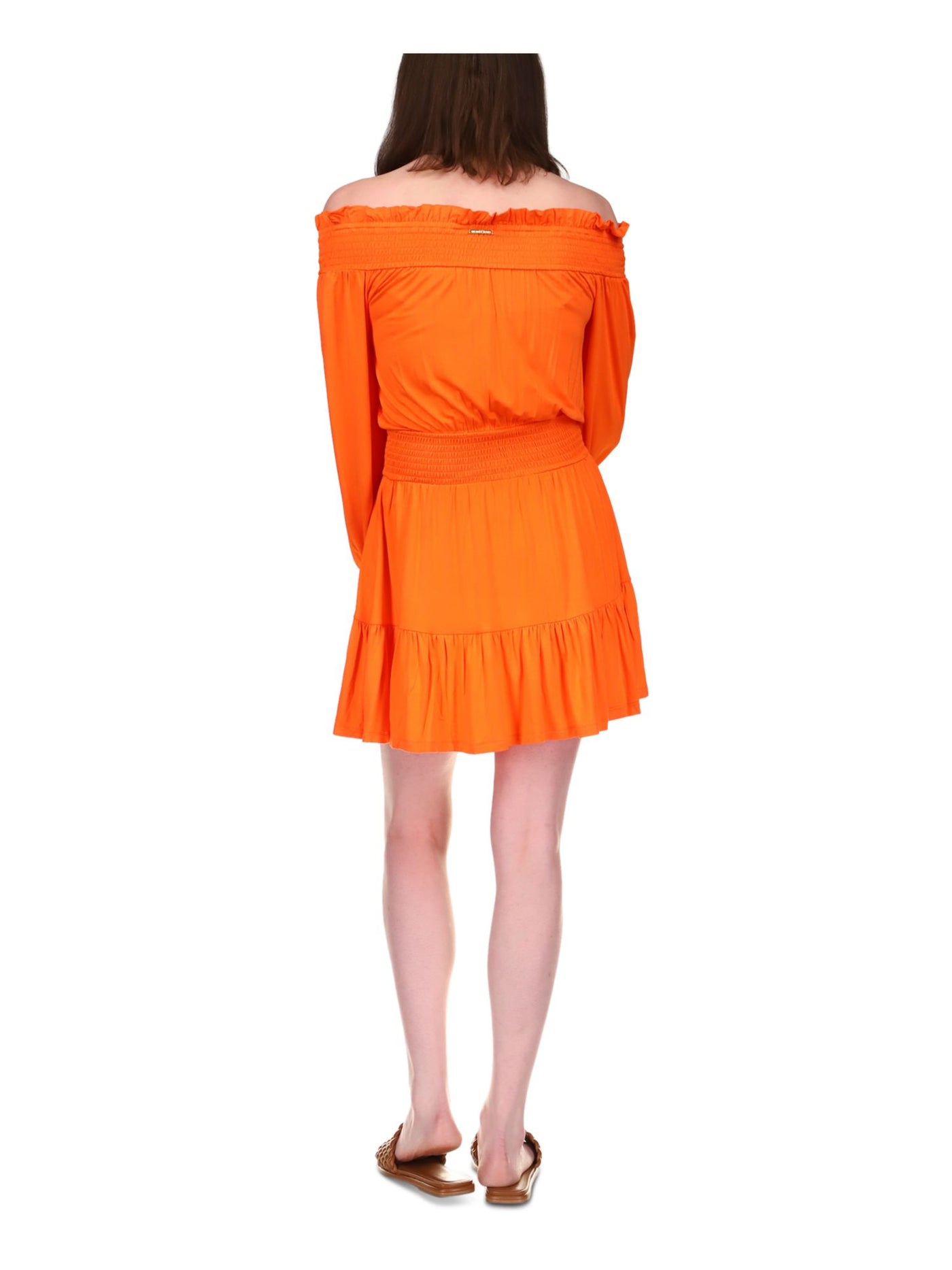 MICHAEL MICHAEL KORS Womens Orange Ruffled Smocked Unlined Tiered Long Sleeve Off Shoulder Short Fit + Flare Dress XXL