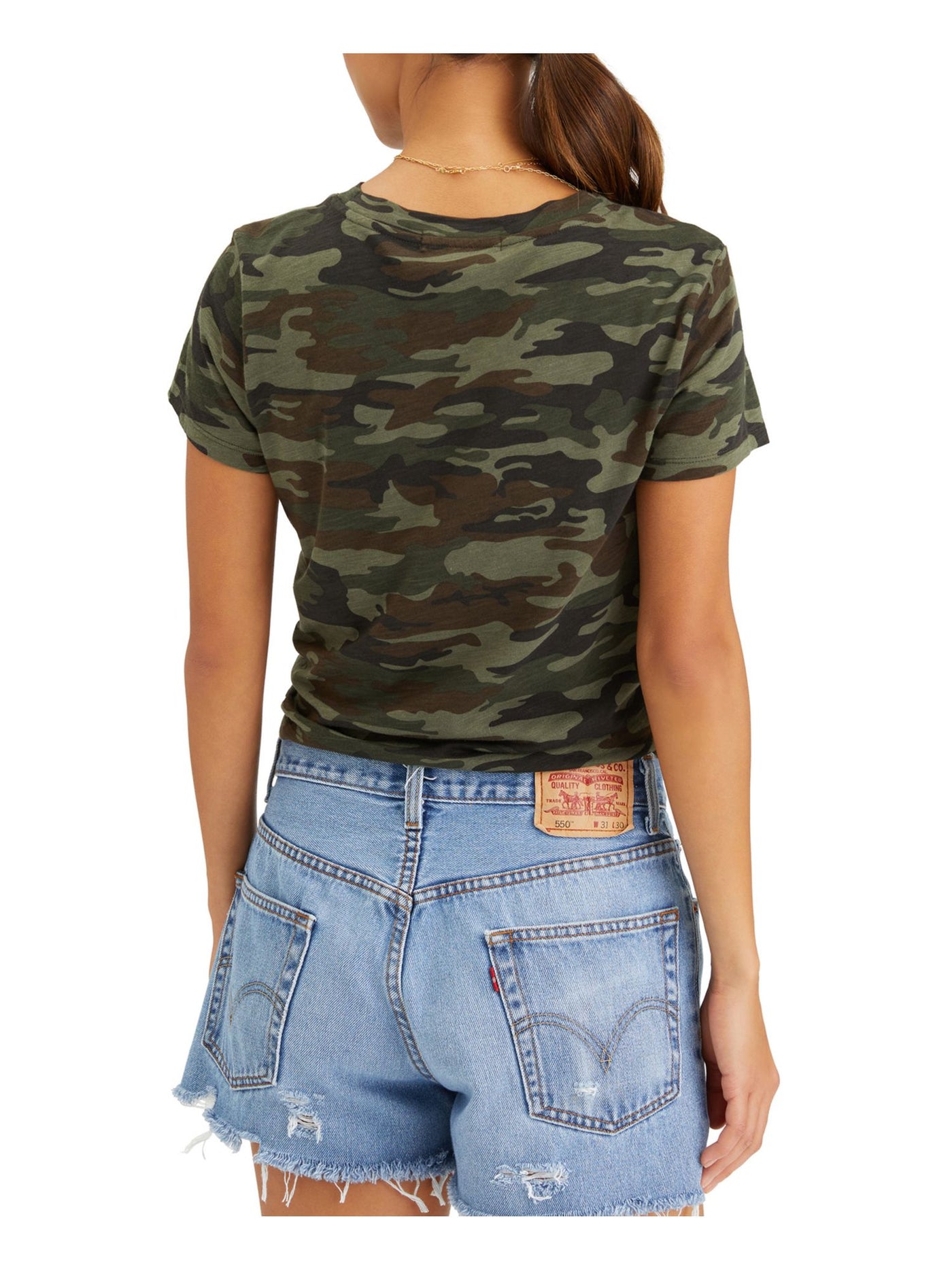 SANCTUARY Womens Green Twist Front Camouflage Short Sleeve Crew Neck T-Shirt XS
