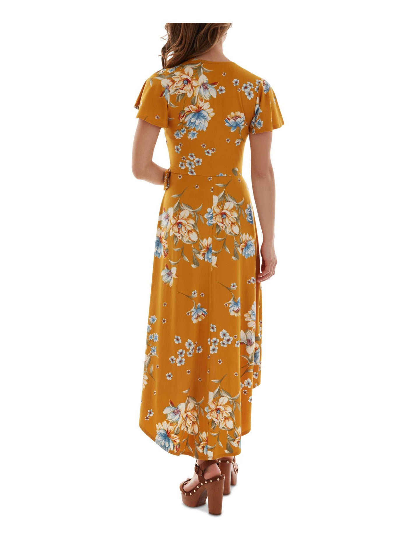 BCX DRESS Womens Gold Stretch Tie Floral Flutter Sleeve Surplice Neckline Maxi Party Hi-Lo Dress Juniors S