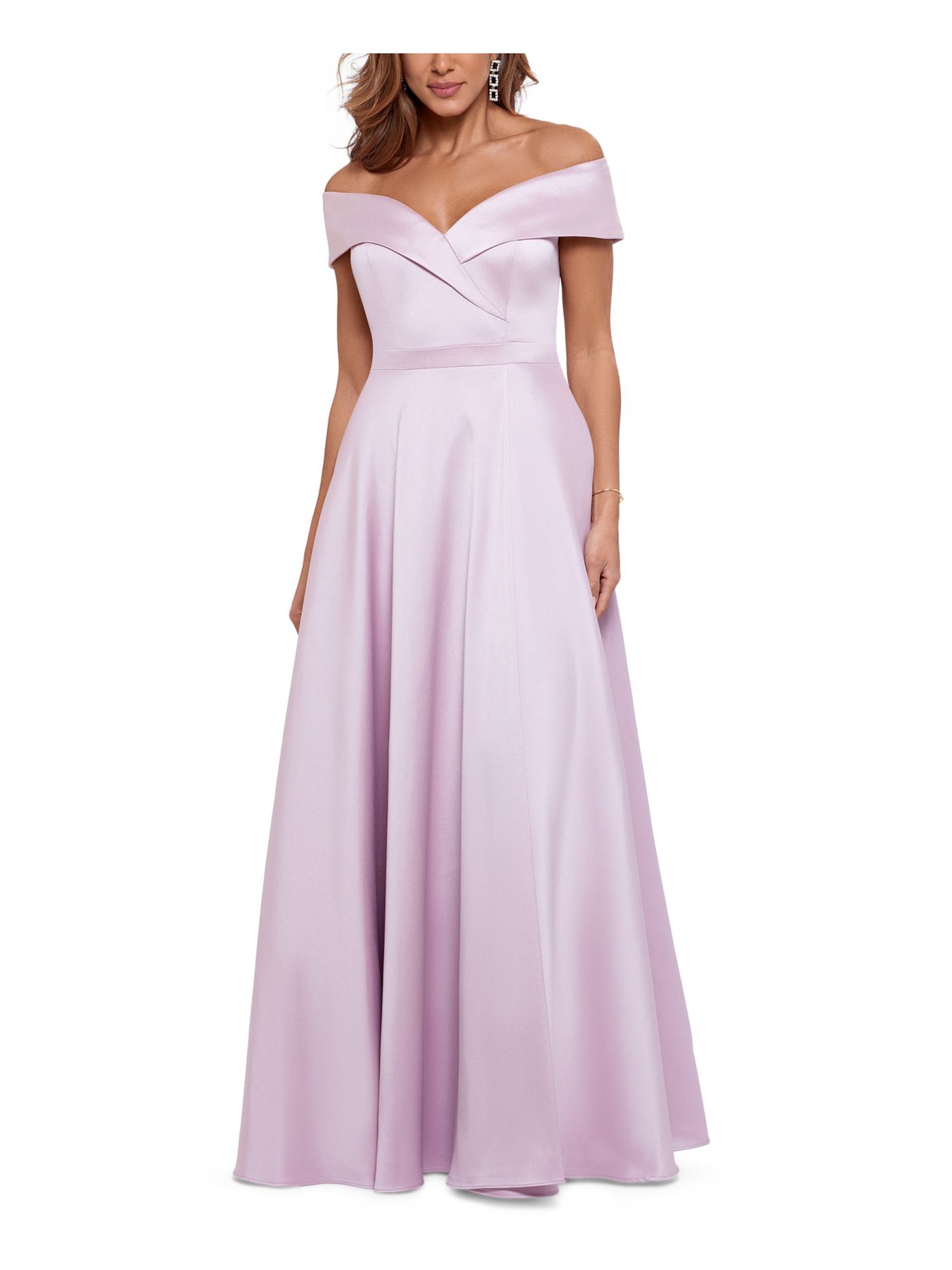 XSCAPE Womens Zippered Pleated Fitted Pocketed Lined Short Sleeve Off Shoulder Full-Length Formal Gown Dress