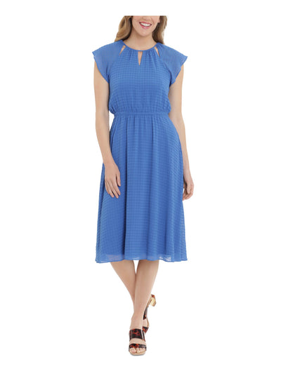 LONDON TIMES Womens Blue Cut Out Textured Lined Back Keyhole With Button C Flutter Sleeve Crew Neck Below The Knee Wear To Work Fit + Flare Dress Petites 6P