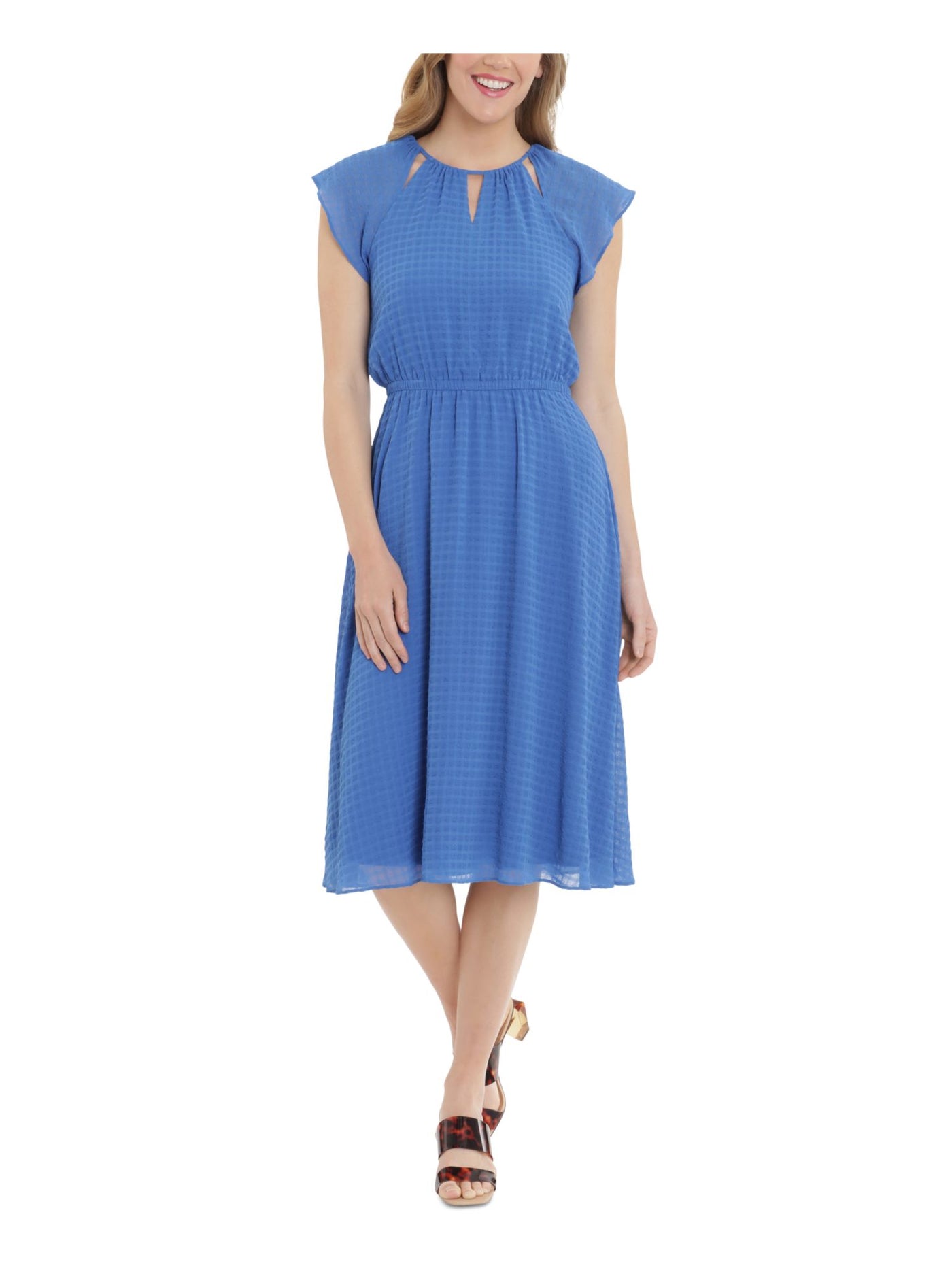 LONDON TIMES Womens Blue Cut Out Textured Lined Back Keyhole With Button C Flutter Sleeve Crew Neck Below The Knee Wear To Work Fit + Flare Dress Petites 8P