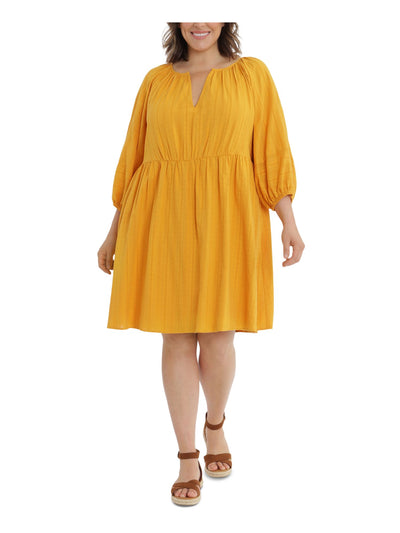 LONDON TIMES Womens Yellow Gathered Pocketed 3/4 Sleeve V Neck Above The Knee Wear To Work Fit + Flare Dress Plus 3X