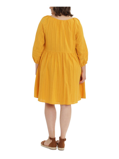 LONDON TIMES Womens Yellow Gathered Pocketed 3/4 Sleeve V Neck Above The Knee Wear To Work Fit + Flare Dress Plus 2X