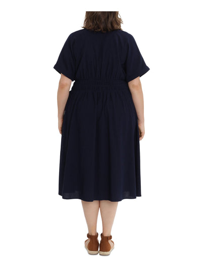 LONDON TIMES Womens Navy Stretch Textured Elastic Waist Cuffed Sleeve V Neck Below The Knee Wear To Work Fit + Flare Dress Plus S