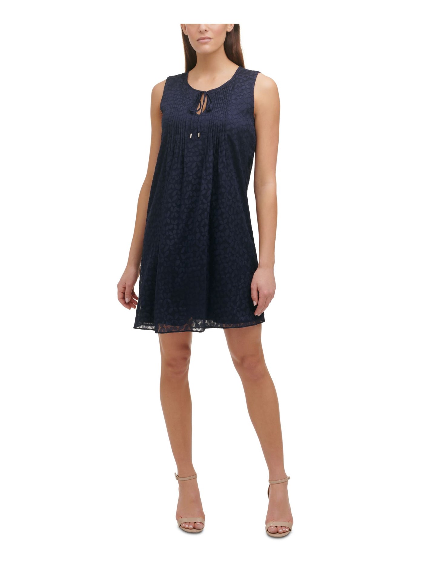 TOMMY HILFIGER Womens Navy Textured Pleated Lined Floral Sleeveless Keyhole Short Shift Dress 4