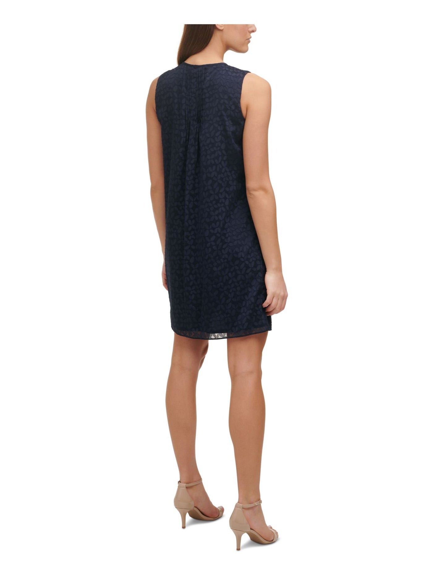 TOMMY HILFIGER Womens Navy Textured Pleated Lined Floral Sleeveless Keyhole Short Shift Dress 2