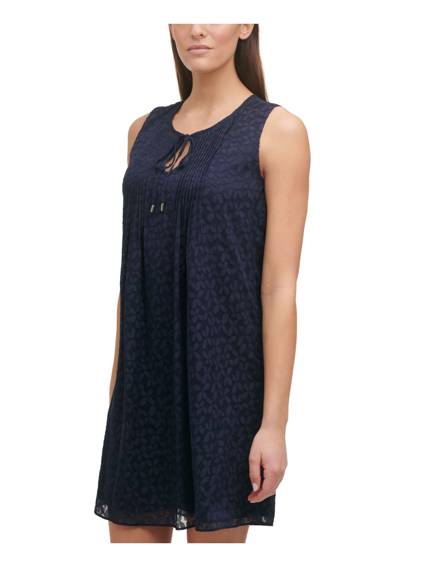 TOMMY HILFIGER Womens Navy Textured Pleated Lined Floral Sleeveless Keyhole Short Shift Dress 16