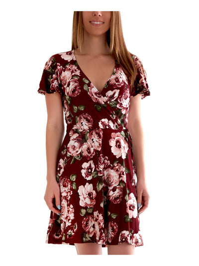 BCX DRESS Womens Burgundy Stretch Tie Pleated Floral Flutter Sleeve Surplice Neckline Above The Knee Party Fit + Flare Dress Juniors S