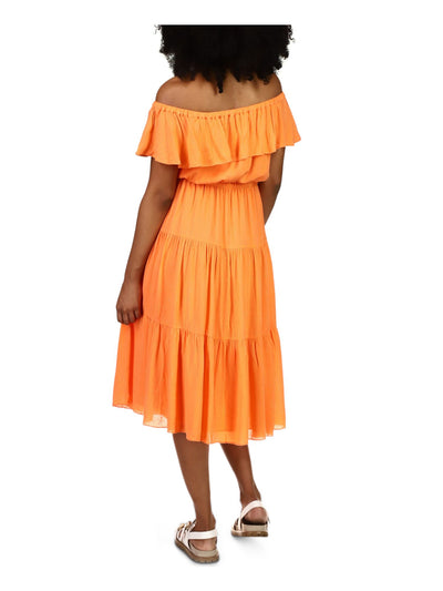 MICHAEL KORS Womens Orange Stretch Flutter Sleeve Off Shoulder Midi Party Peasant Dress S