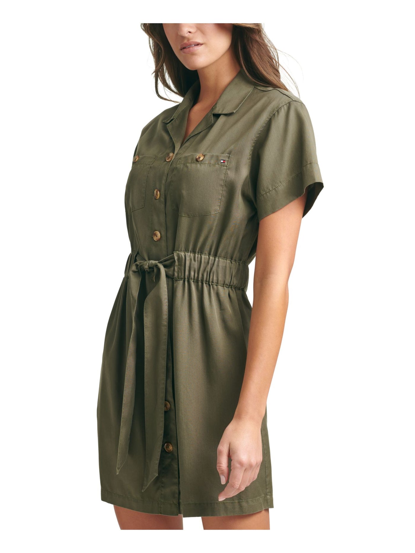 TOMMY HILFIGER Womens Green Pocketed Drawstring Waist Short Sleeve Collared Mini Shirt Dress 14