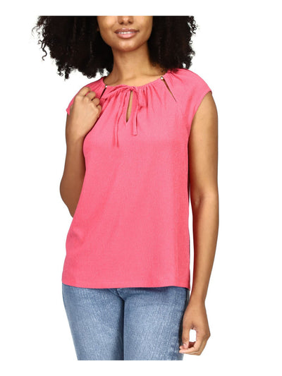 MICHAEL KORS Womens Pink Cut Out Tie Textured Cap Sleeve Scoop Neck Top XL