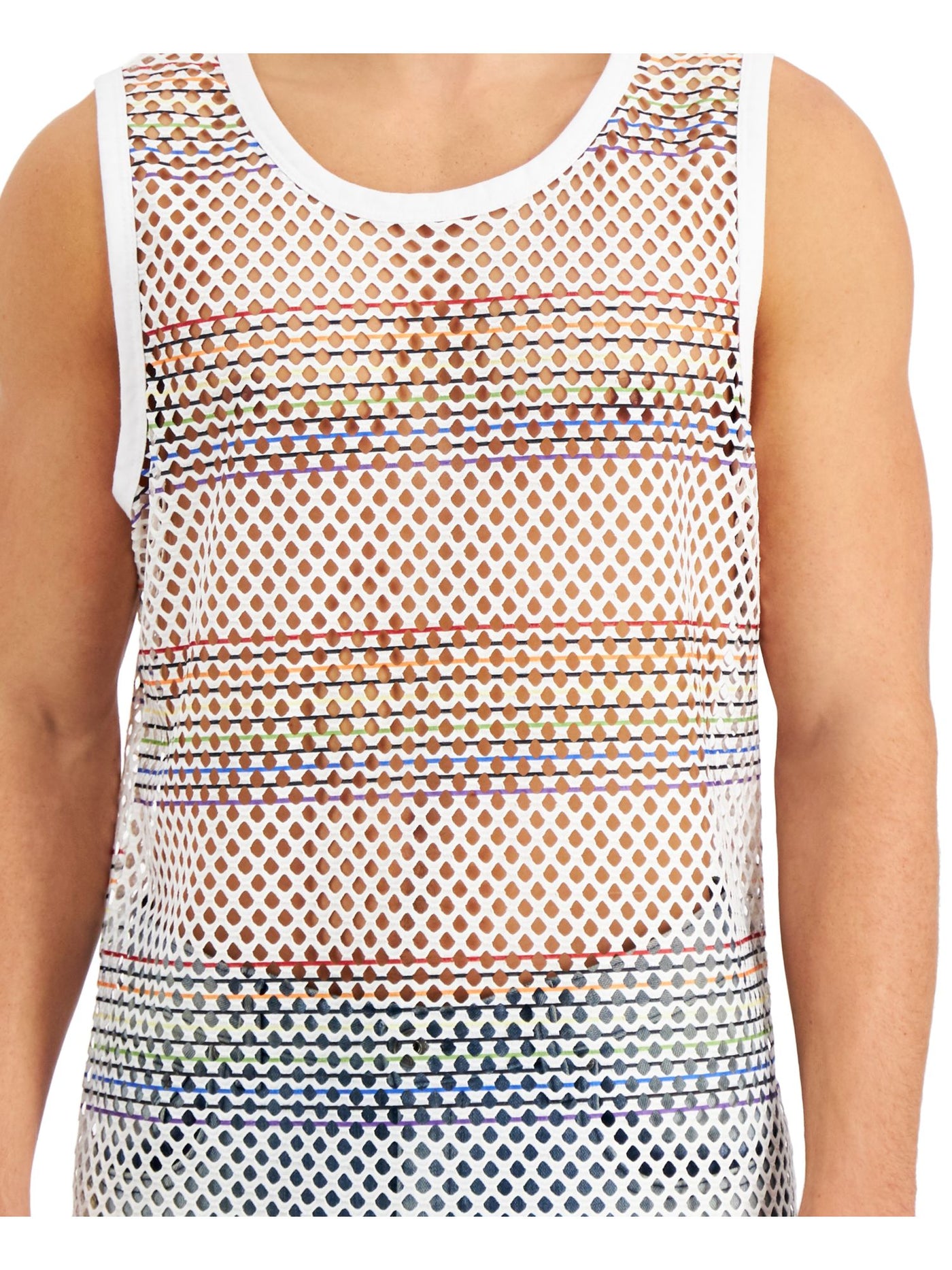 INC Mens White Striped Crew Neck Mesh Tank Top L