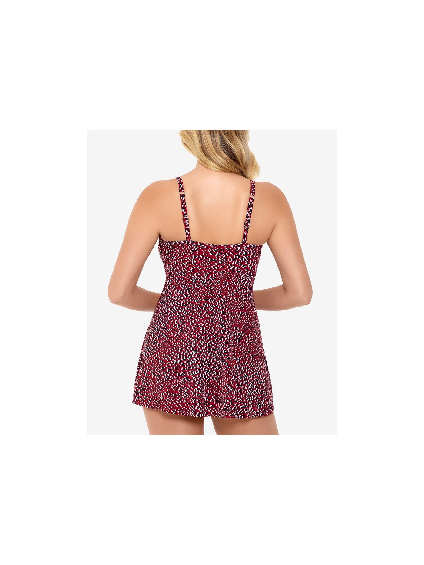 SWIM SOLUTIONS Women's Red Printed Stretch Tummy Control Flyaway Fixed Cups Sweetheart Adjustable Swimdress 10