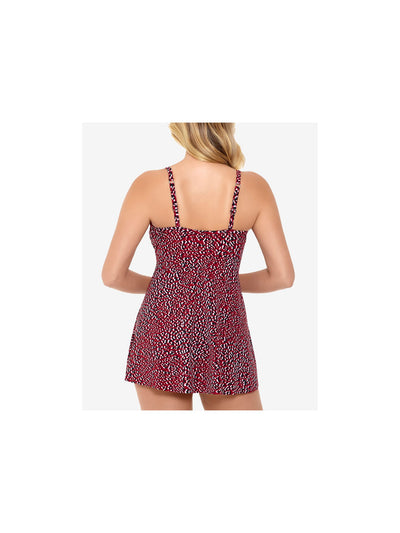 SWIM SOLUTIONS Women's Red Printed Stretch Tummy Control Flyaway Fixed Cups Sweetheart Adjustable Swimdress 10