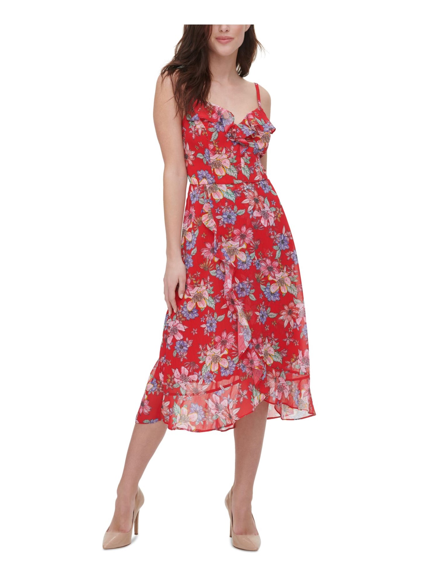 KENSIE Womens Red Zippered Ruffled Adjustable Straps Floral Spaghetti Strap V Neck Midi Cocktail Fit + Flare Dress 6