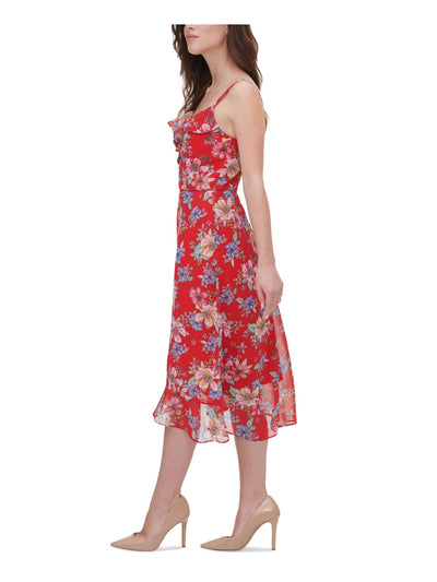 KENSIE Womens Red Zippered Ruffled Adjustable Straps Floral Spaghetti Strap V Neck Midi Cocktail Fit + Flare Dress 6