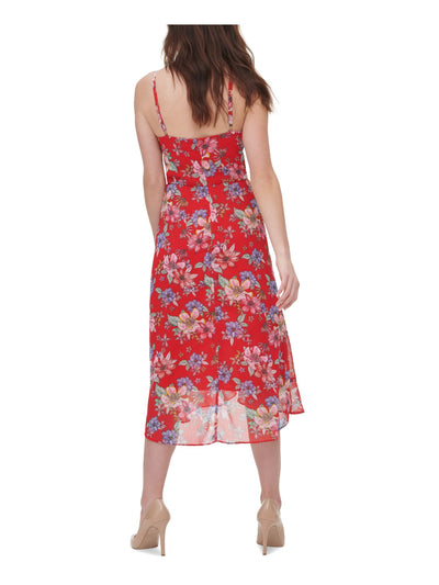 KENSIE Womens Red Zippered Ruffled Adjustable Straps Floral Spaghetti Strap V Neck Midi Cocktail Fit + Flare Dress 0
