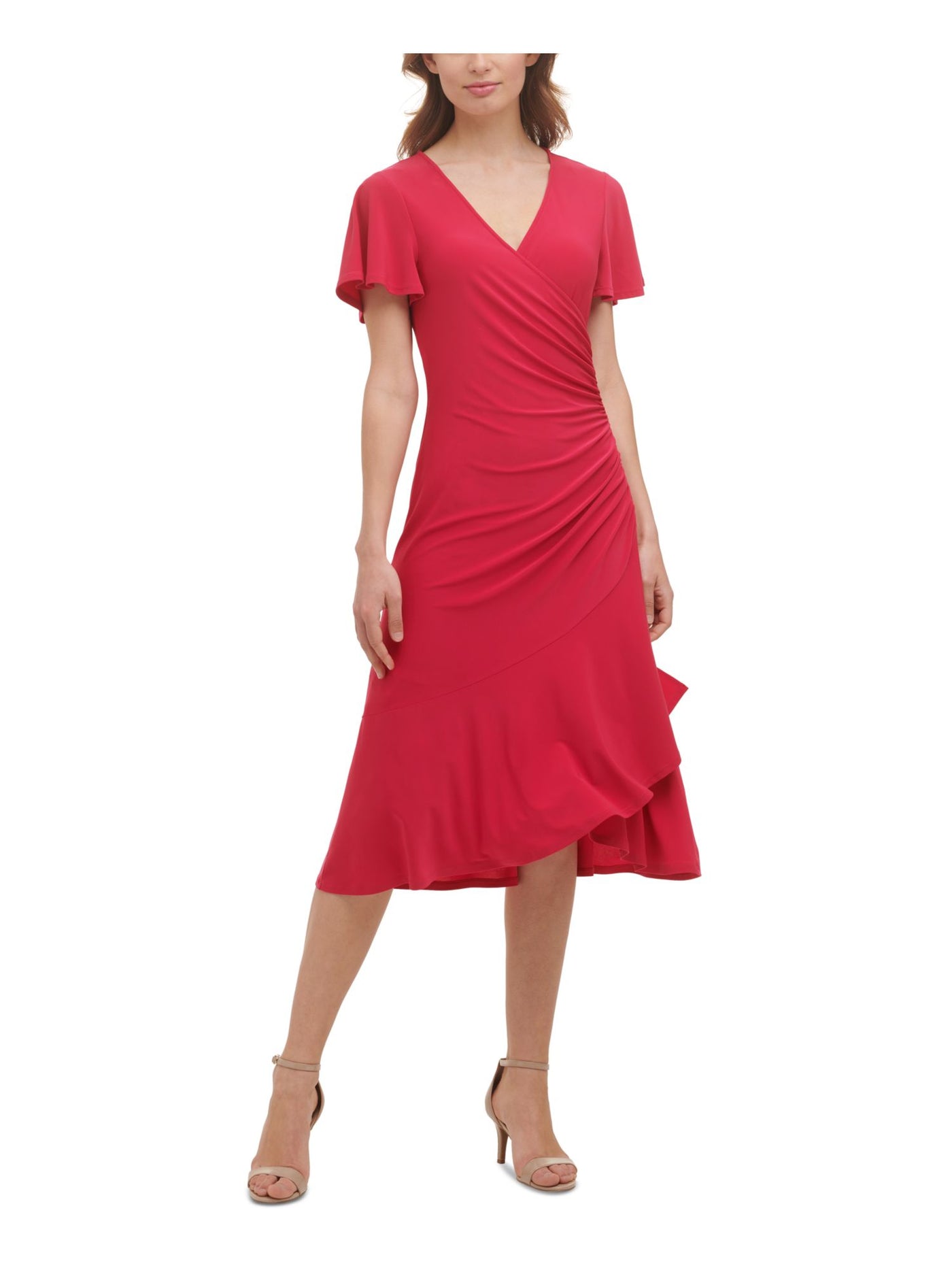 KENSIE DRESSES Womens Pink Stretch Ruched Flutter Sleeve Surplice Neckline Midi Wear To Work Faux Wrap Dress S