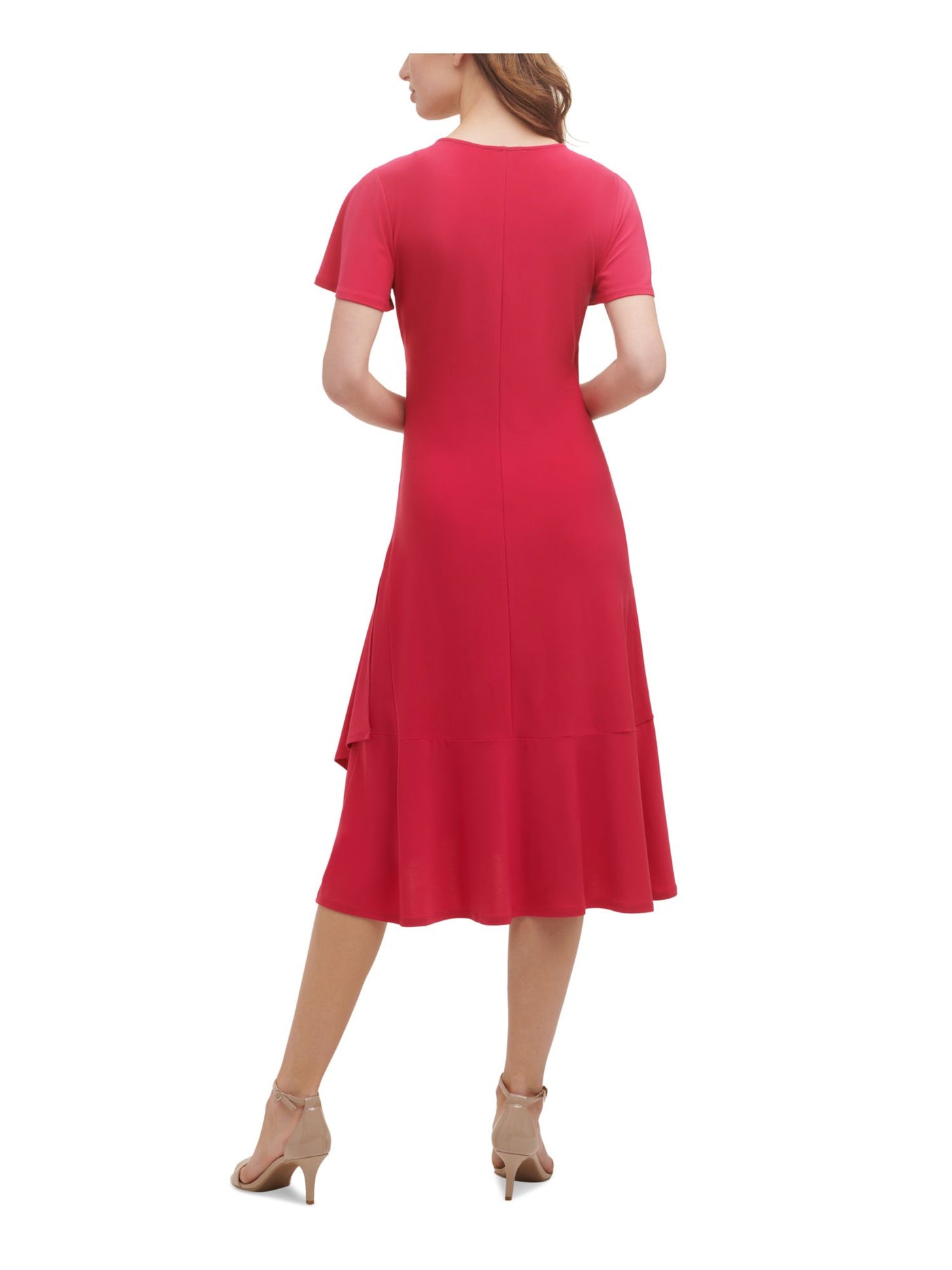 KENSIE DRESSES Womens Stretch Ruched Ruffled-hem Flutter Sleeve Surplice Neckline Midi Wear To Work Faux Wrap Dress