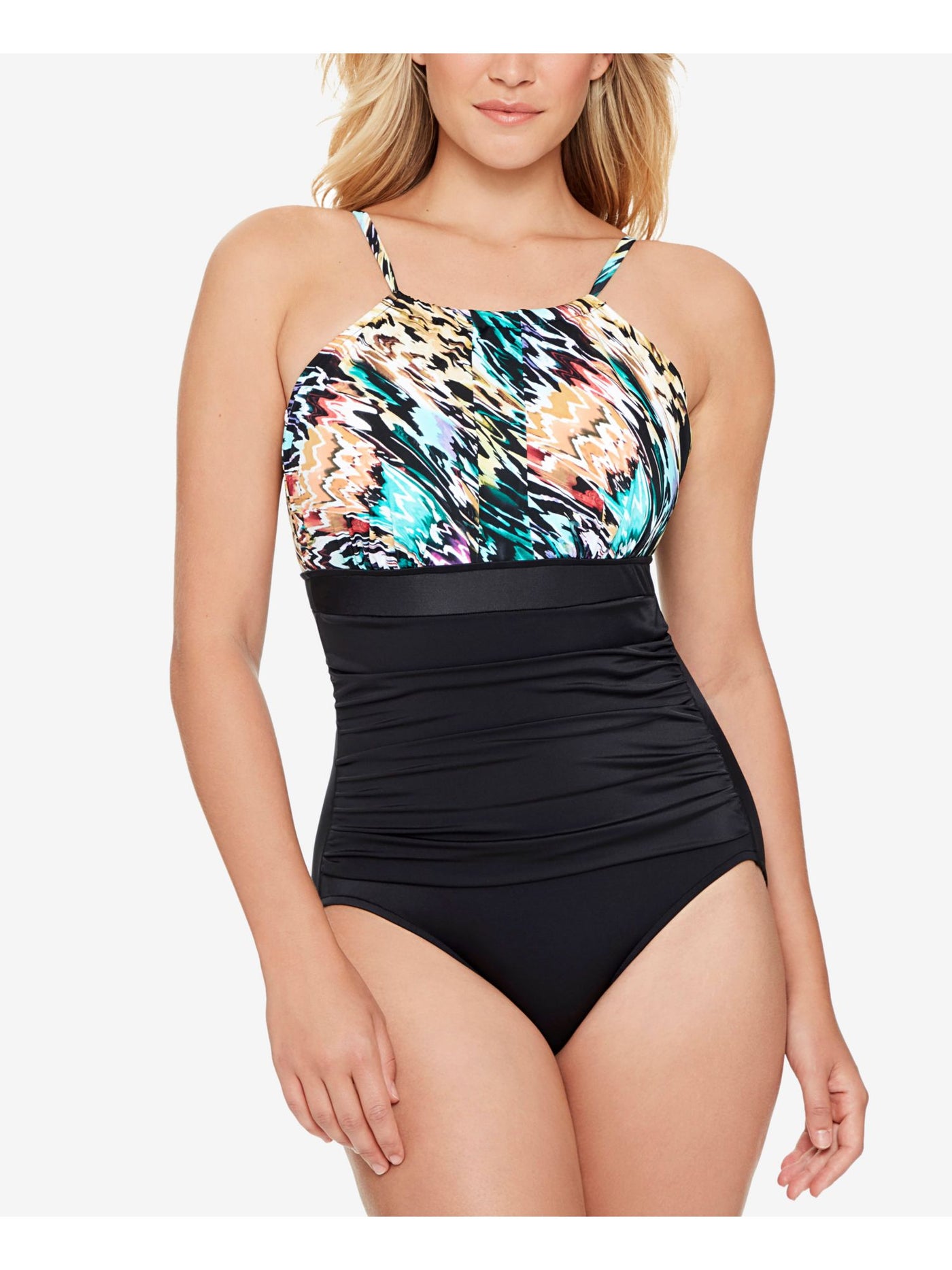 SWIM SOLUTIONS Women's Black Printed Allover Slimming Shirred Fixed Cups Adjustable Full Coverage High Neck One Piece Swimsuit 14