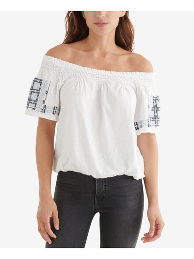 LUCKY BRAND Womens White Embroidered Elasticized Neck & Hem Short Sleeve Off Shoulder Top L