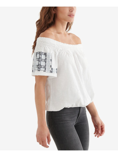 LUCKY BRAND Womens White Embroidered Elasticized Neck & Hem Short Sleeve Off Shoulder Top L