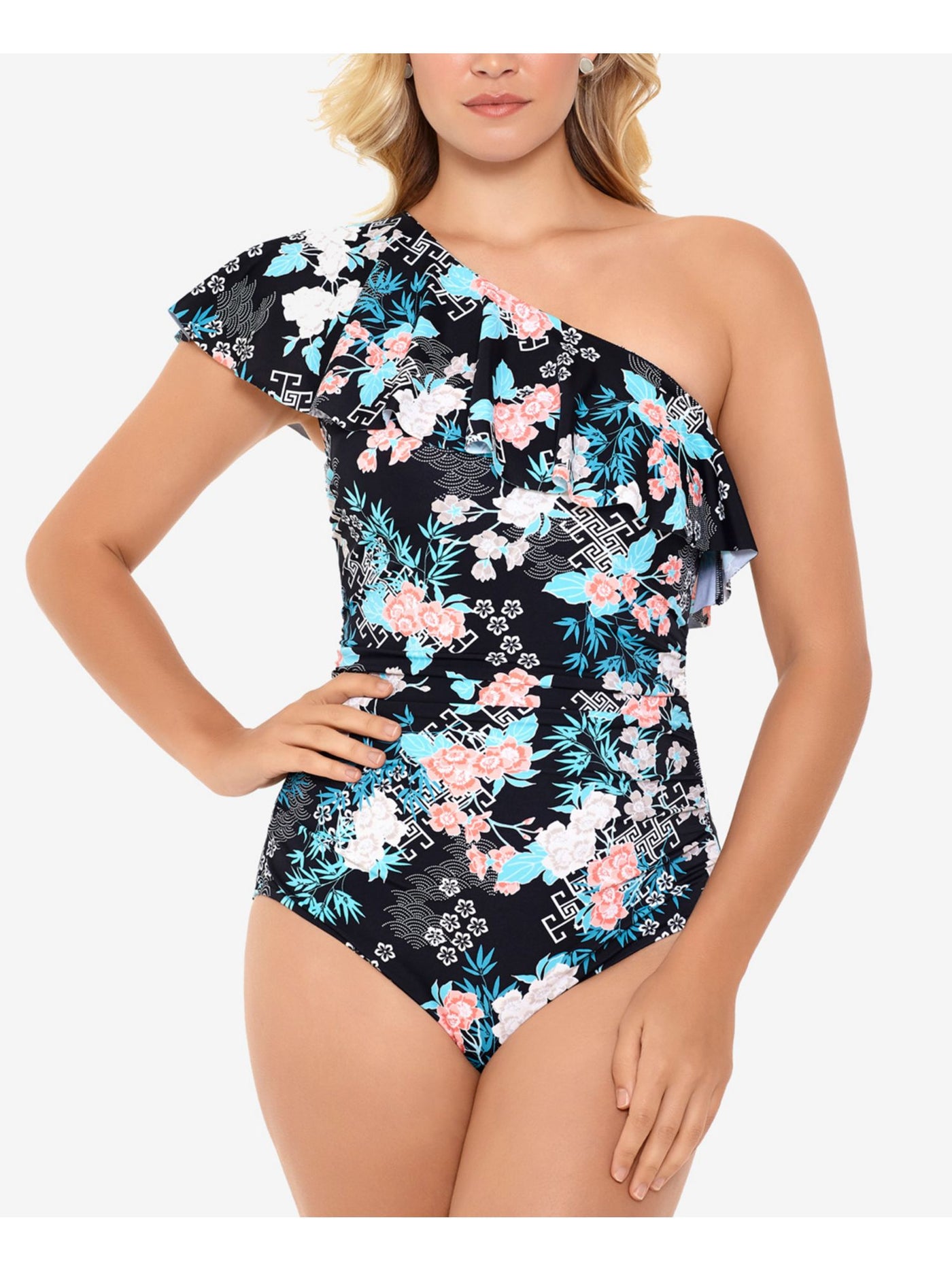 SWIM SOLUTIONS Women's Black Tropical Print Stretch Allover Slimming Fixed Cups Full Coverage Ruffled One Shoulder One Piece Swimsuit 12