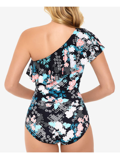 SWIM SOLUTIONS Women's Black Tropical Print Stretch Allover Slimming Fixed Cups Full Coverage Ruffled One Shoulder One Piece Swimsuit 18