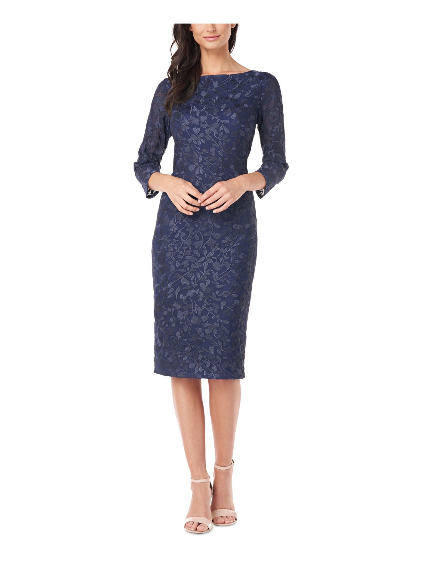 JS COLLECTION Womens Navy Embroidered Zippered 3/4 Sleeve Boat Neck Below The Knee Evening Sheath Dress 2